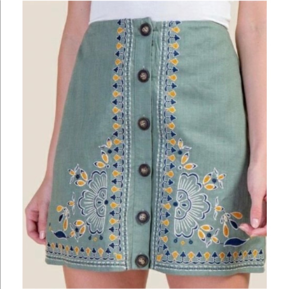 Blue Rain Green Embroidered Mini Skirt